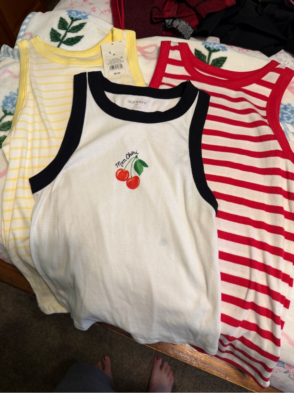 Old Navy White Tank Top with Navy Trim and Cherry Embroidery